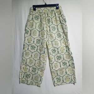 Rachel Zoe Cropped Linen Wide Leg High Rise Pants Medium Green And Ivory Floral